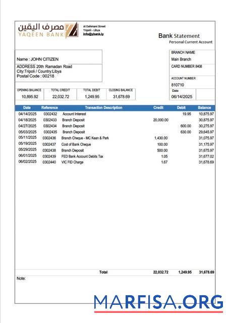 Printable Libya Yaqeen bank statement word example